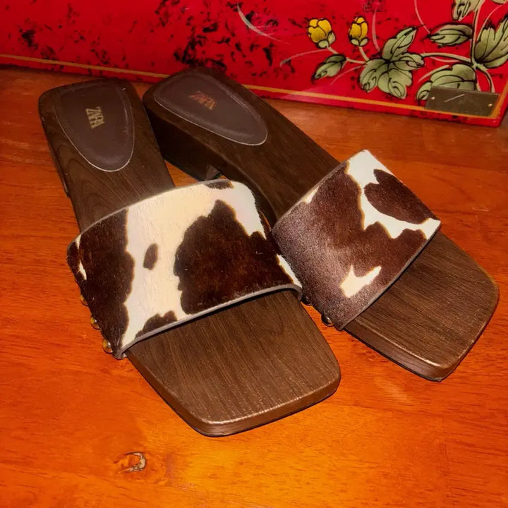 [BUNJANG] Zara Cowhide Leopard Print Mule Heeled Sandals Size 38 / 자라 카우보이 송치 뮬 레오파드 샌들힐 38 *새제품