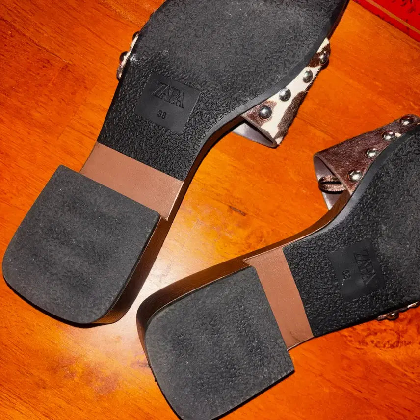 [BUNJANG] Zara Cowhide Leopard Print Mule Heeled Sandals Size 38 / 자라 카우보이 송치 뮬 레오파드 샌들힐 38 *새제품