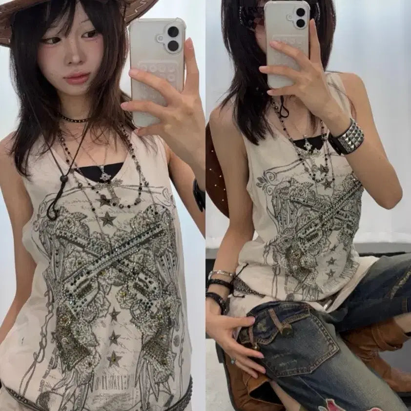 [BUNJANG] Beige Printed Sleeveless Top / 베이지 프린팅 슬리브리스