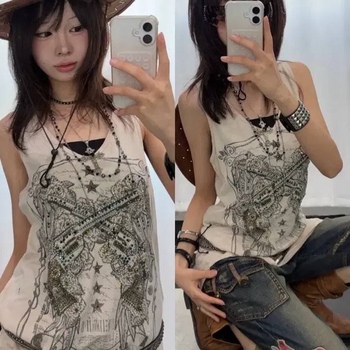 [BUNJANG] Beige Printed Sleeveless Top / 베이지 프린팅 슬리브리스