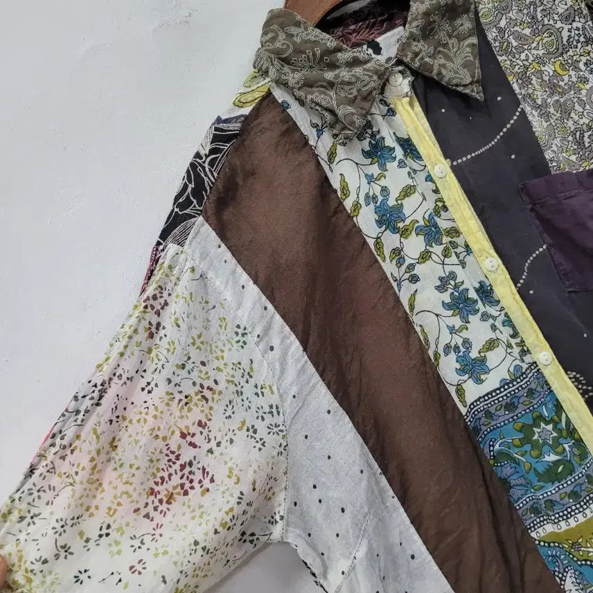 [BUNJANG] Patchwork Short Sleeve Shirt Vintage Style / 패치워크 반팔 셔츠 빈티지 스타일
