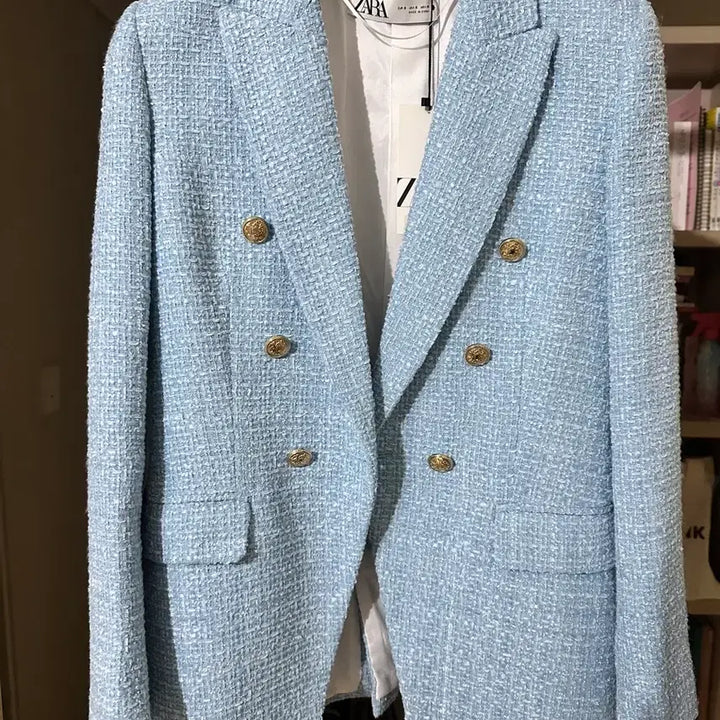 [BUNJANG] ZARA Tweed Blue Double Breasted Blazer / 자라 트위드 블루 더블 자켓