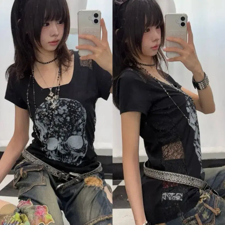 [BUNJANG] Black Skull Print Lace Detail T-shirt / 블랙 스컬 프린팅 레이스 디테일 티셔츠