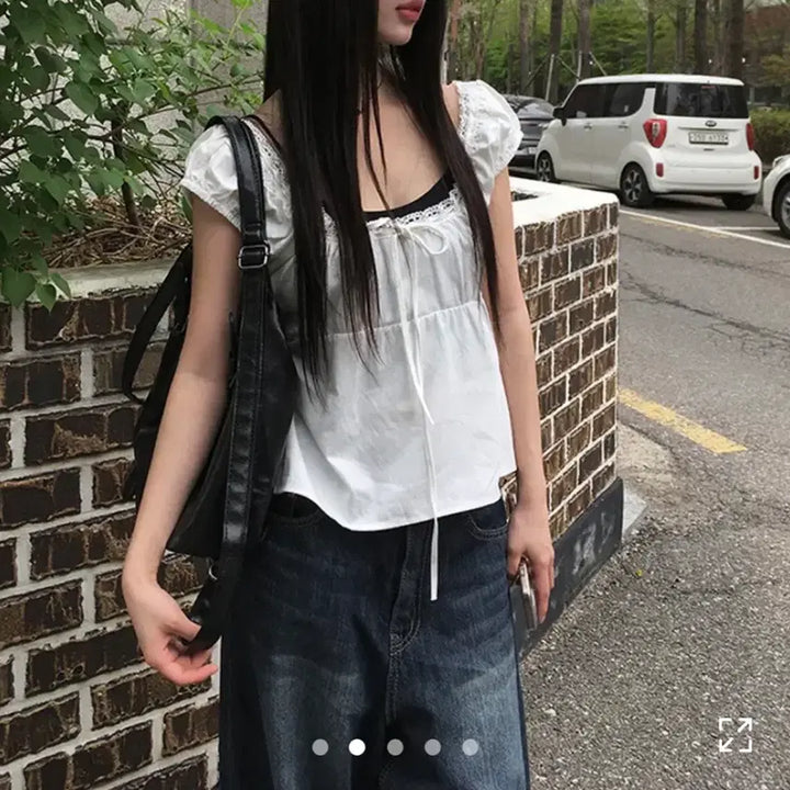 [BUNJANG] Anonymore Lace Ribbon Puff Sleeveless Blouse / 애니원모어 노알 레이스 리본 퍼프 나시 블라우스
