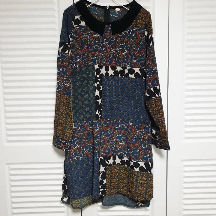 [BUNJANG] Velvet Neckline Lightweight Chiffon Dress (Size 55-66) / 시원한 하늘하늘 원피스 (목부분벨벳) 55~66