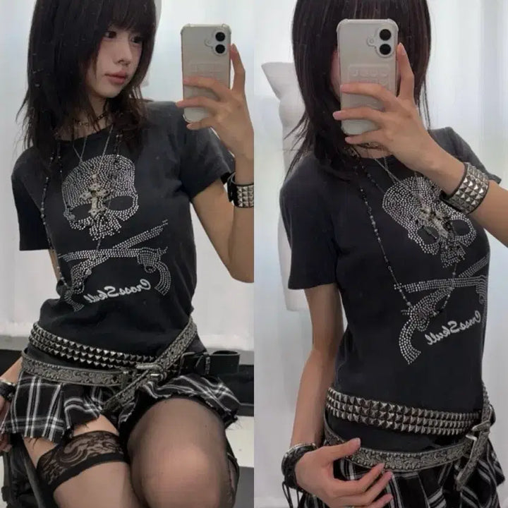 [BUNJANG] Black Skull Beads Detail T-Shirt / 블랙 스컬 비즈 디테일 티셔츠