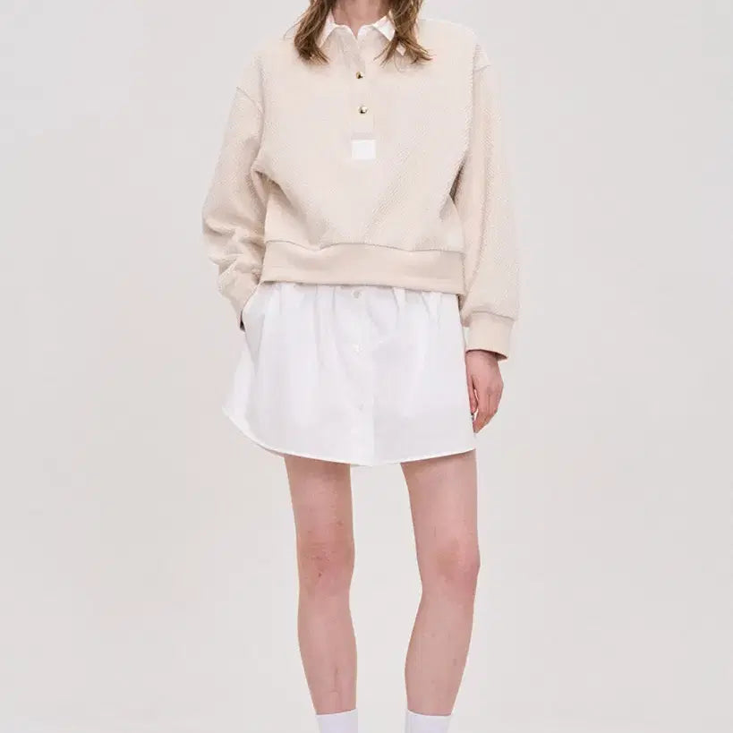 [BUNJANG] SYSTEM Layered Shirt Mix-Woven Sweatshirt / 23년 한섬 시스템 SYSTEM 셔츠 레이어드 탑 바스락배색 부클맨투맨