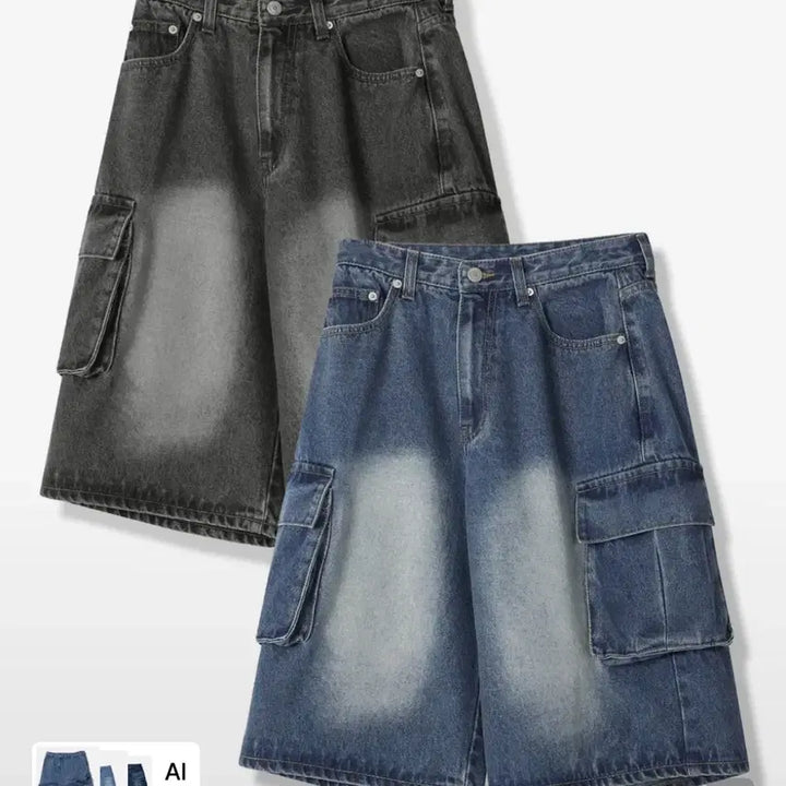 [BUNJANG] Urban Dress Wide Cargo Half Denim Pants / 어반드레스 와이드 카고 하프 데님 팬츠