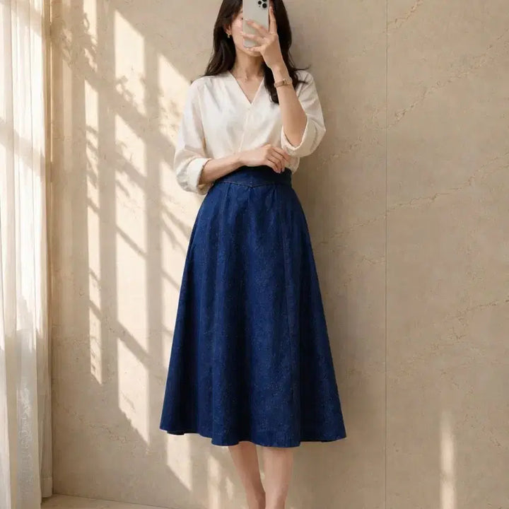 [BUNJANG] LEONARD Indigo Flare Denim Skirt Silk Lined / (정품) LEONARD 레오나드 인디고 플레어 데님 스커트 / 실크안감