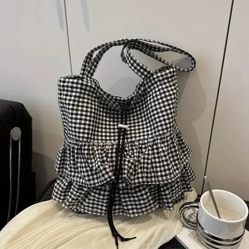 [SOLD OUT] 깅엄체크 프릴 장식 토트백(새상품)