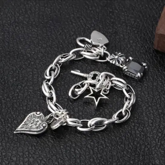 [BUNJANG] 925 Sterling Silver Vintage Cuban Chain Bracelet with Charms / 925실버 빈티지 쿠바 체인 팔찌