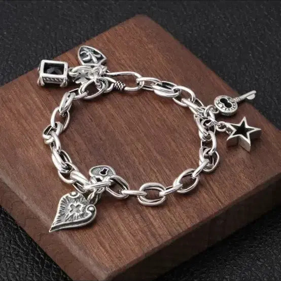 [BUNJANG] 925 Sterling Silver Vintage Cuban Chain Bracelet with Charms / 925실버 빈티지 쿠바 체인 팔찌