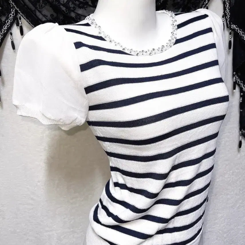 [BUNJANG] Cecil McBee Romantic Gal Stripe Cubic Short Sleeve Top / 세실맥비 로맨틱갸루 로걀탑 스트라이프 큐빅 반팔 핀터 러블리 페미닌 히메