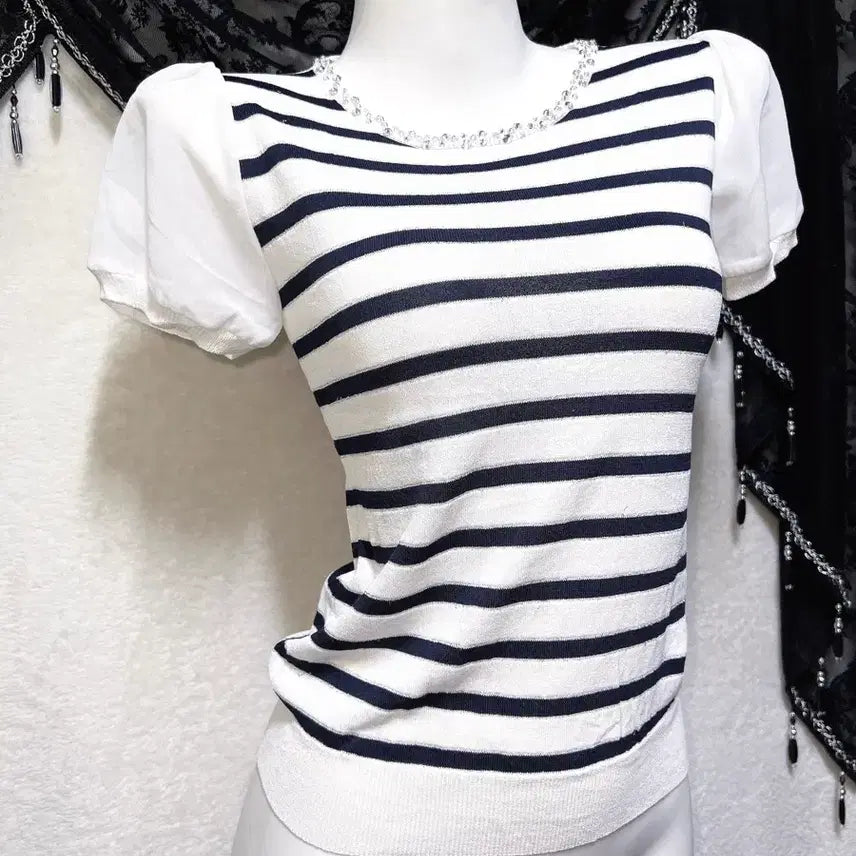 [BUNJANG] Cecil McBee Romantic Gal Stripe Cubic Short Sleeve Top / 세실맥비 로맨틱갸루 로걀탑 스트라이프 큐빅 반팔 핀터 러블리 페미닌 히메