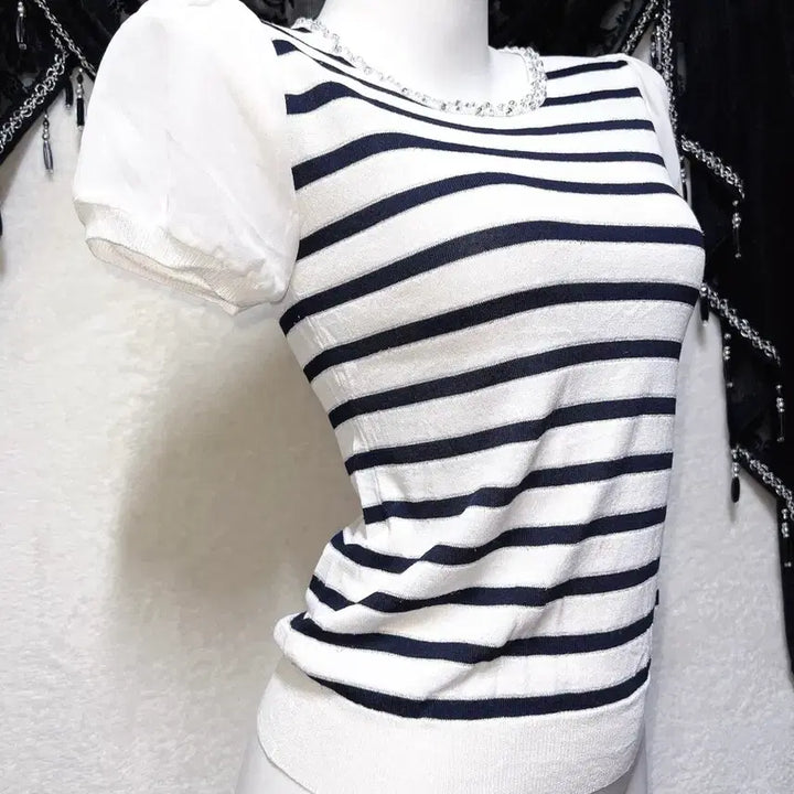 [BUNJANG] Cecil McBee Romantic Gal Stripe Cubic Short Sleeve Top / 세실맥비 로맨틱갸루 로걀탑 스트라이프 큐빅 반팔 핀터 러블리 페미닌 히메