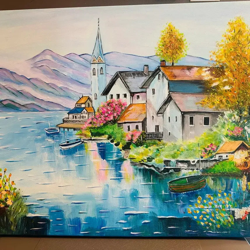 [BUNJANG] Lake Village Landscape Painting Canvas / 호수가마을(캔버스)