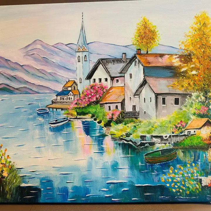 [BUNJANG] Lake Village Landscape Painting Canvas / 호수가마을(캔버스)