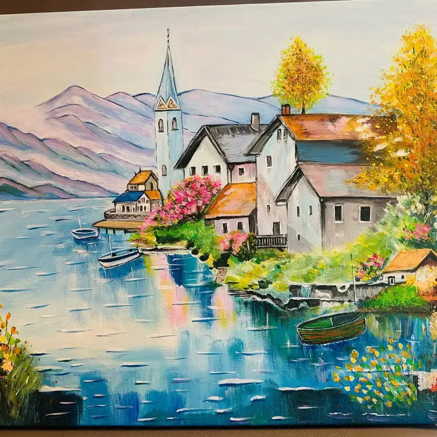 [BUNJANG] Lake Village Landscape Painting Canvas / 호수가마을(캔버스)