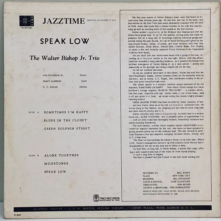 [BUNJANG] The Walter Bishop, Jr. Trio Speak Low 1971 LP / (수입중고LP-재즈) The Walter Bishop, Jr. Trio