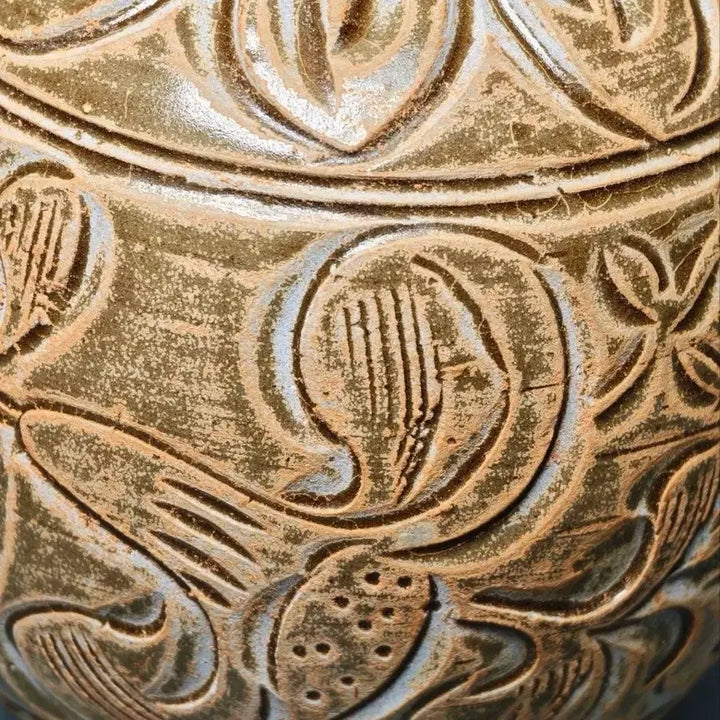 [BUNJANG] Joseon Dynasty Brown Glaze Incised Floral Twin-handled Vase / 월주요 갈색유 음각 화문 쌍이호로병 호리병