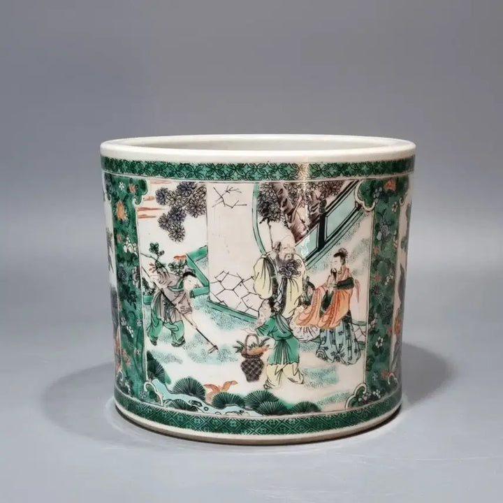 [BUNJANG] Qing Kangxi Period Polychrome Porcelain Brush Holder with Floral and Figure Motifs / 대청강희년제 분채화조인물문 필통. 지름 21.7 높이 18.7