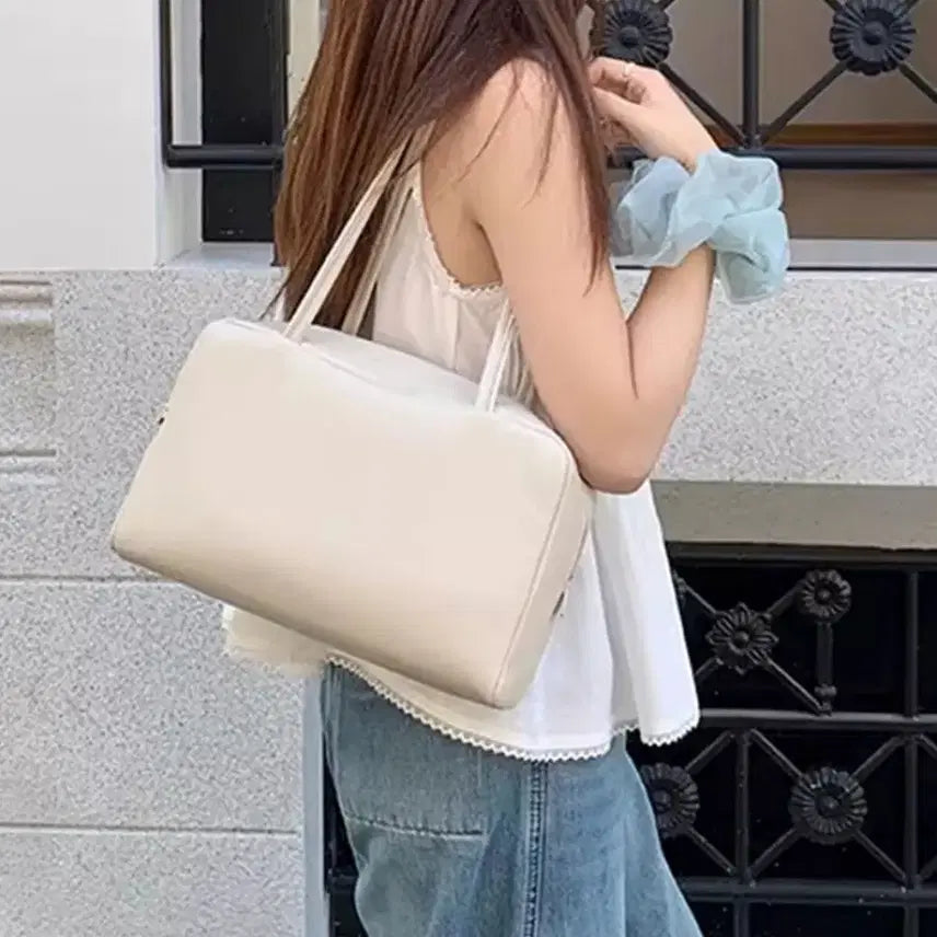 [BUNJANG] Real Lambskin Leather Square Bowling Bag - Ivory / 리얼 양가죽 스퀘어 볼링백 아이보리 (고퀄 새상품)