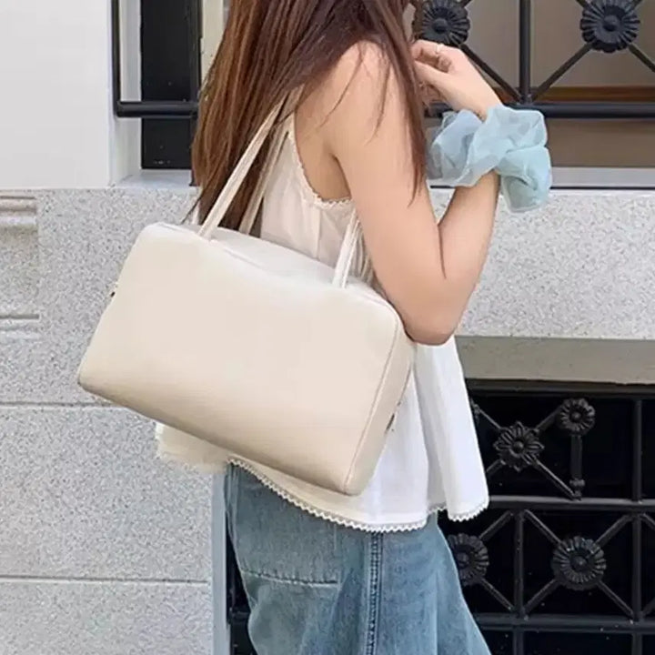 [BUNJANG] Real Lambskin Leather Square Bowling Bag - Ivory / 리얼 양가죽 스퀘어 볼링백 아이보리 (고퀄 새상품)
