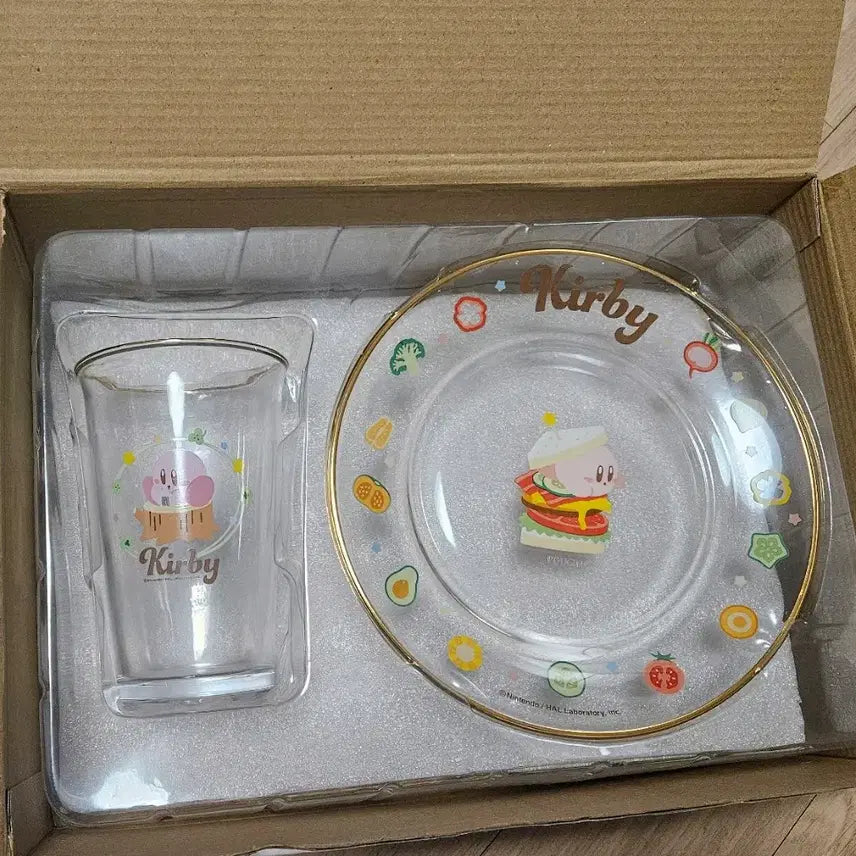 [BUNJANG] Kirby Clear Glass Plate Bowl Cup Set / 별의 커비 금테 클리어 유리 접시 그릇 컵 세트