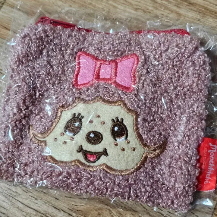 [BUNJANG] Monchhichi Fluffy Pouch Pink Ribbon / 몬치치 뽀글이 파우치 핑크 리본