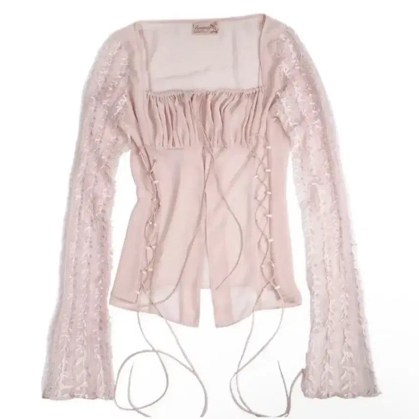 [BUNJANG] Bonne Lace-up Chiffon Blouse - Pink / bonnae 본네 레이스업 쉬폰 블라우스 핑크