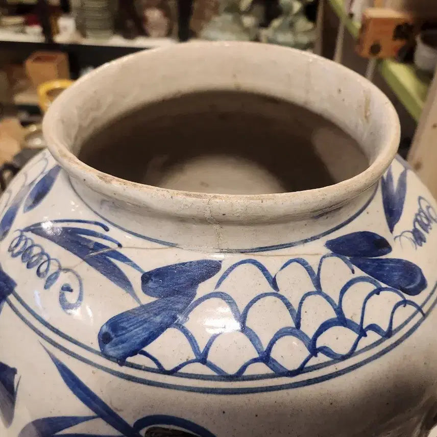 [BUNJANG] Joseon Dynasty Blue and White Iron-Painted Peony Motif Ewer Jar / 모란문 예쁜 조선후기 청화 철화 양이 해주항아리