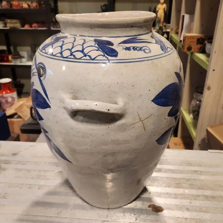 [BUNJANG] Joseon Dynasty Blue and White Iron-Painted Peony Motif Ewer Jar / 모란문 예쁜 조선후기 청화 철화 양이 해주항아리