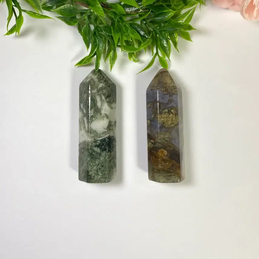 [BUNJANG] Natural Moss Agate Gemstone Point (Set of 2) / 천연 모스아게이트 수초마노 포인트 2개 선물