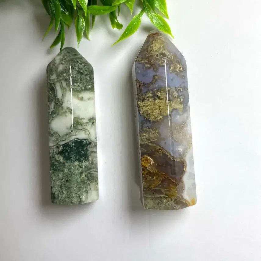 [BUNJANG] Natural Moss Agate Gemstone Point (Set of 2) / 천연 모스아게이트 수초마노 포인트 2개 선물