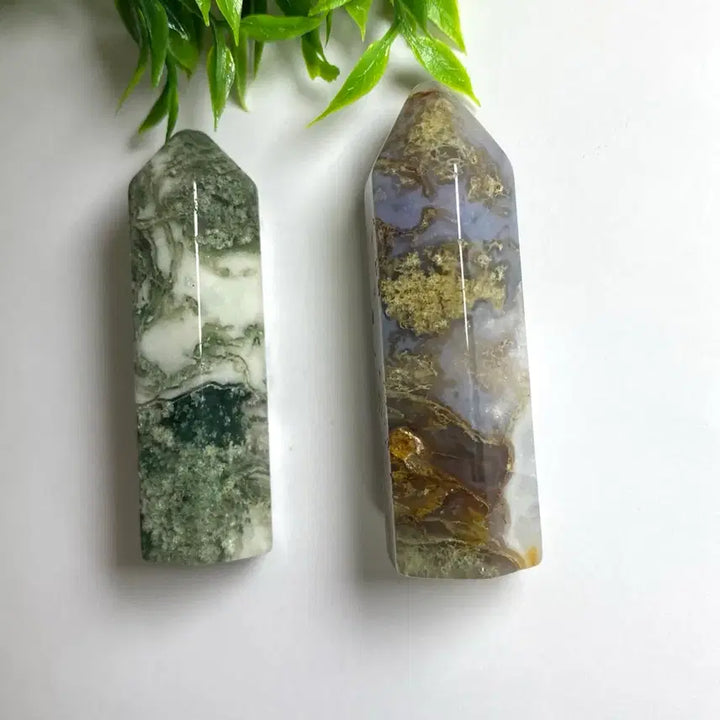 [BUNJANG] Natural Moss Agate Gemstone Point (Set of 2) / 천연 모스아게이트 수초마노 포인트 2개 선물