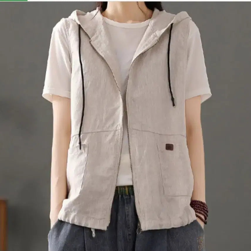 [BUNJANG] Linen Hooded String Zipper Vest / 린넨 후드 스트링 지퍼 조끼 (무료배송)