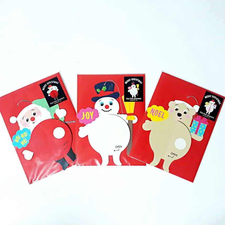 [BUNJANG] Pom-Pom Ornament Christmas Card Set (Santa, Snowman, Bear) - 3 Pieces / 폼폼 오너먼트 크리스마스 카드 (산타, 눈사람, 곰) 3P 세트