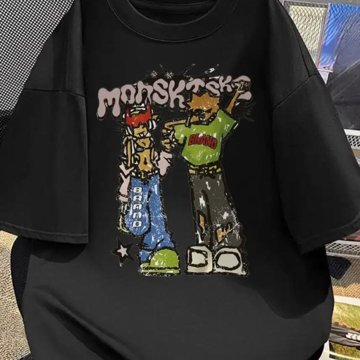 [BUNJANG] Black Monster Character Printing Short-Sleeve T-Shirt / 블랙 MONSKTSK 캐릭터 프린팅 반팔티