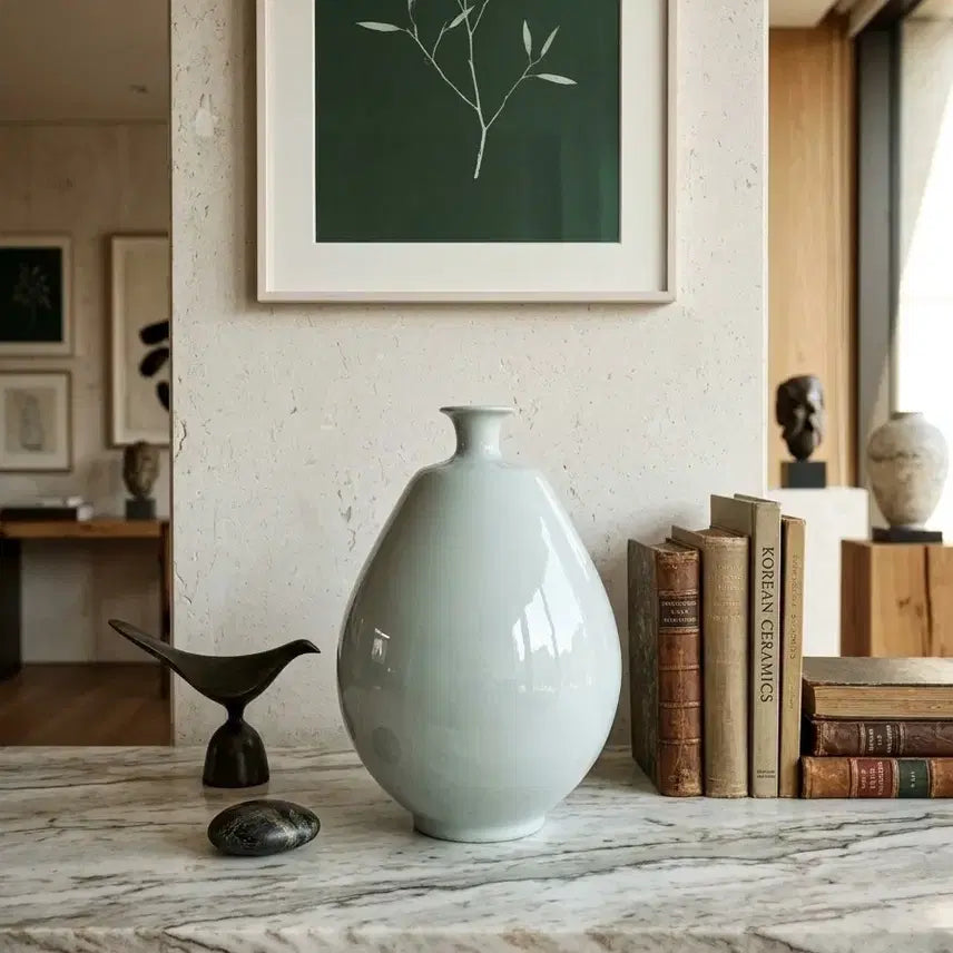 [BUNJANG] WolDang Lee Sun-gil Celadon Porcelain Moon Jar Form Vase / (희귀소장템) 원로 도예가 월당 이순길 청백자 달항아리형 주병/화병
