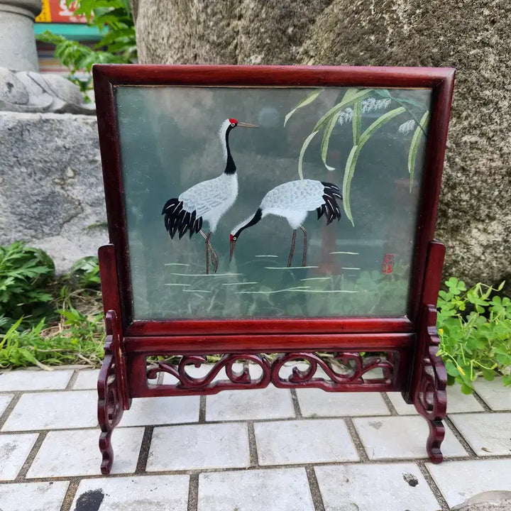[BUNJANG] Vintage Chinese Embroidered Crane Table Screen / 빈티지 중국 자수 크레인 테이블 스크린