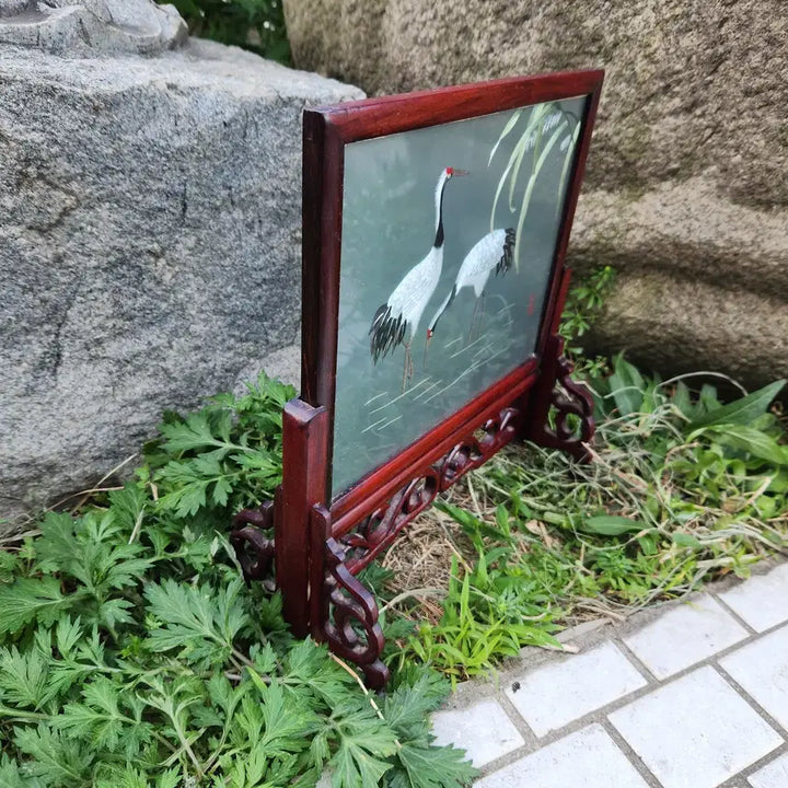 [BUNJANG] Vintage Chinese Embroidered Crane Table Screen / 빈티지 중국 자수 크레인 테이블 스크린