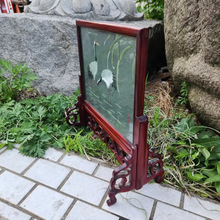 [BUNJANG] Vintage Chinese Embroidered Crane Table Screen / 빈티지 중국 자수 크레인 테이블 스크린