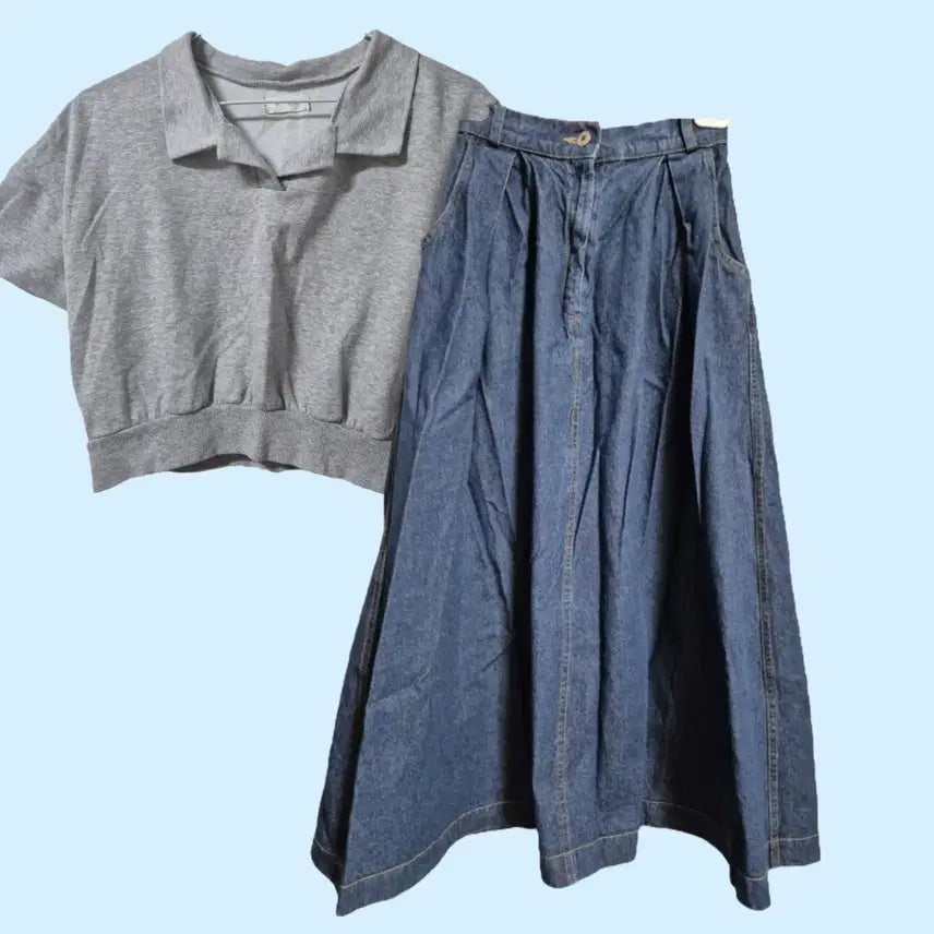 [BUNJANG] Gray Short-Sleeve Sweatshirt Crop Top &amp; A-Line Denim Flare Long Skirt Set / (세트) 회색 반팔 맨투맨 크롭, 청 데님 A라인 플레어 롱 스커트