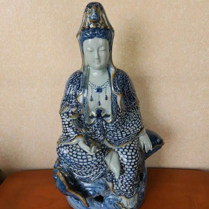 [BUNJANG] Celadon Porcelain Guan Yin Statue / 청화 도자기 관세음보살상 불상 조각상