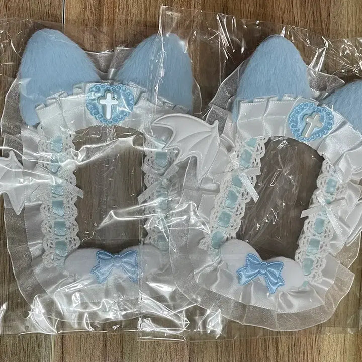 [BUNJANG] Handmade Sky Blue Ribbon Lace Cat Devil Wings Photocard Holder / 리본 레이스 탑꾸 포카홀더 탑로더 별 수제 하늘 블루 날개 고양이 악마