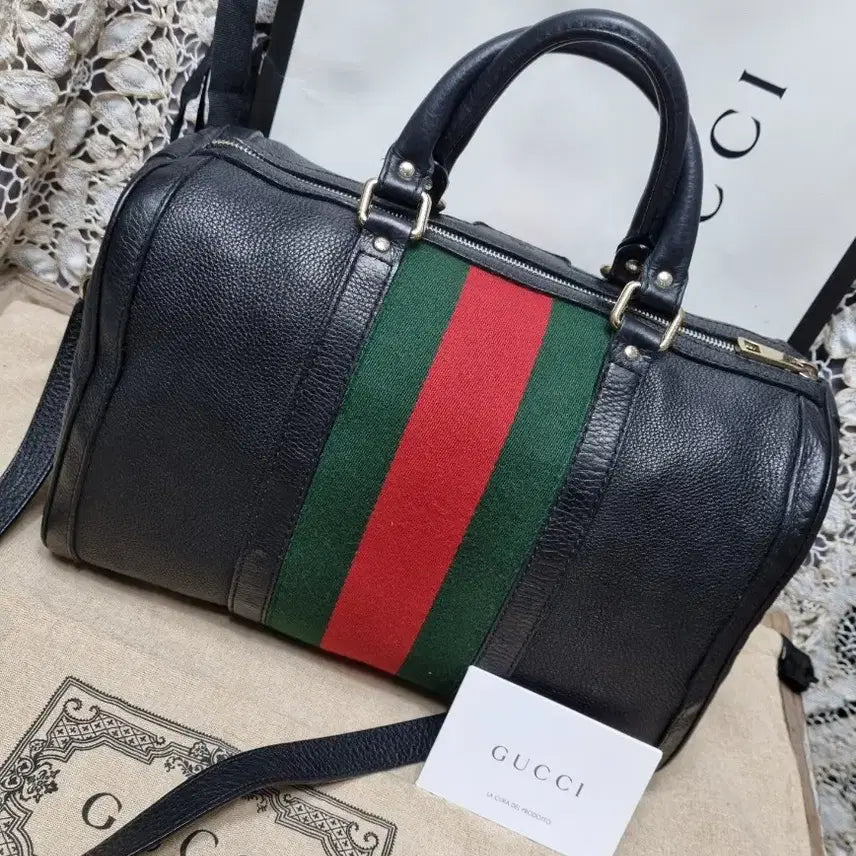 [BUNJANG] Gucci Three-Stripe Black Leather Boston Two-Way Bag / GUCCI 삼선블랙레더보스턴 투웨이가방