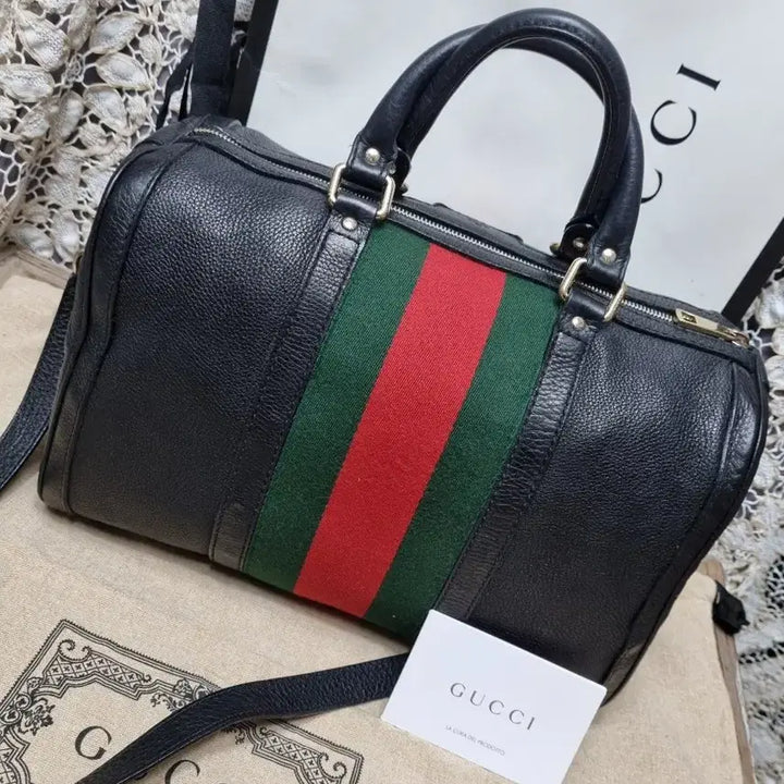 [BUNJANG] Gucci Three-Stripe Black Leather Boston Two-Way Bag / GUCCI 삼선블랙레더보스턴 투웨이가방