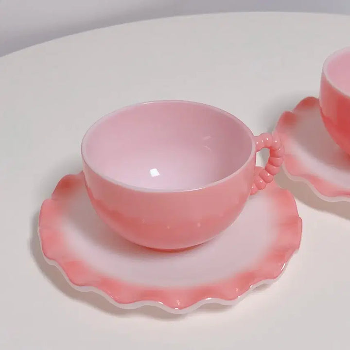 [BUNJANG] Hazel Atlas Crinoline Pink Teacup Set with Beaded Handle / (2세트) 헤이즐 아틀라스 크리놀린 핑크 찻잔 구슬 핸들 컵&amp;소서 세트