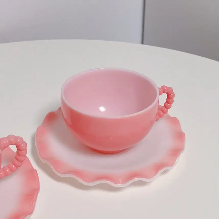 [BUNJANG] Hazel Atlas Crinoline Pink Teacup Set with Beaded Handle / (2세트) 헤이즐 아틀라스 크리놀린 핑크 찻잔 구슬 핸들 컵&amp;소서 세트