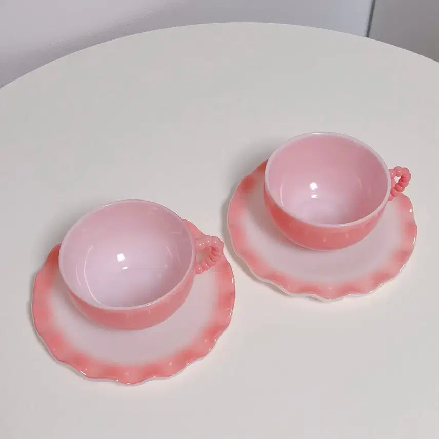 [BUNJANG] Hazel Atlas Crinoline Pink Teacup Set with Beaded Handle / (2세트) 헤이즐 아틀라스 크리놀린 핑크 찻잔 구슬 핸들 컵&amp;소서 세트